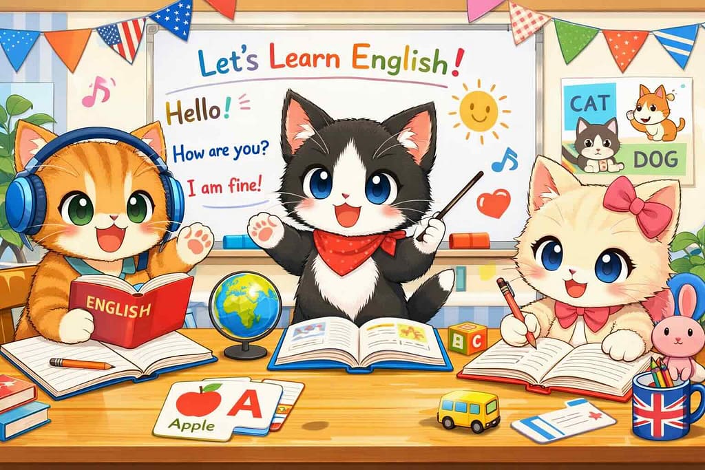 英会話を勉強する猫たち