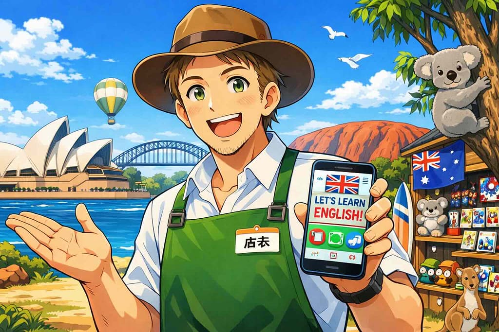 パタプライングリッシュの特徴を説明する店主