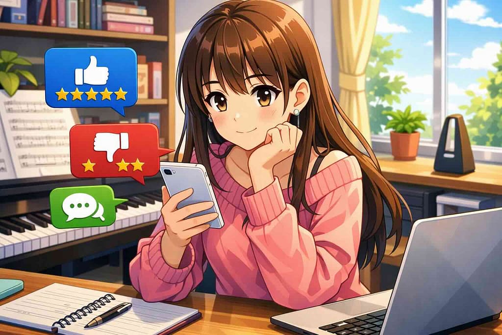 ELSTアプリの口コミや評判を調べている女性