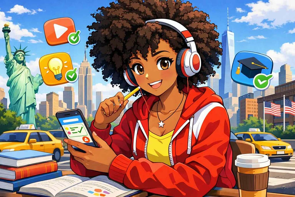 voicetubeの効果的な勉強方法を実践するアメリカ人女性