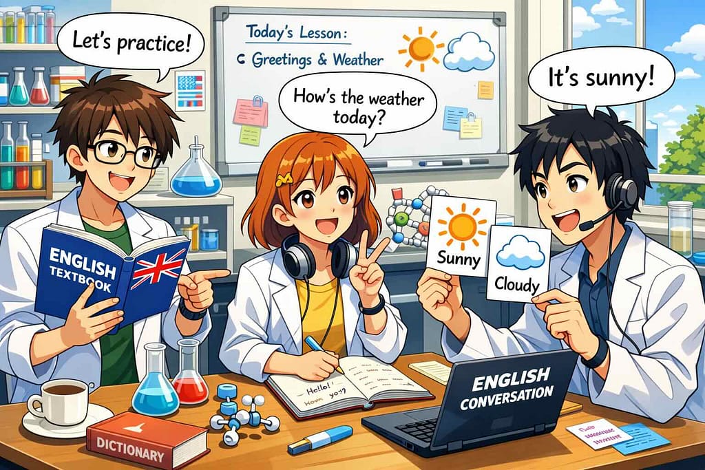 英会話の勉強をする理系の研究員たち