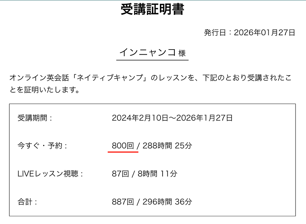 インニャンコのネイティブキャンプ歴