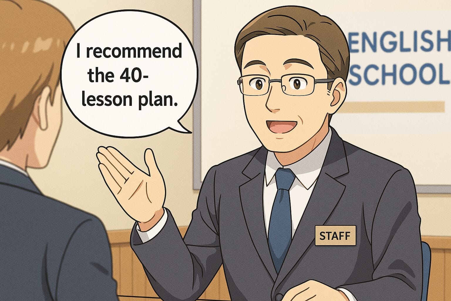 レアジョブのビジネス英会話をおすすめしている男性スタッフ