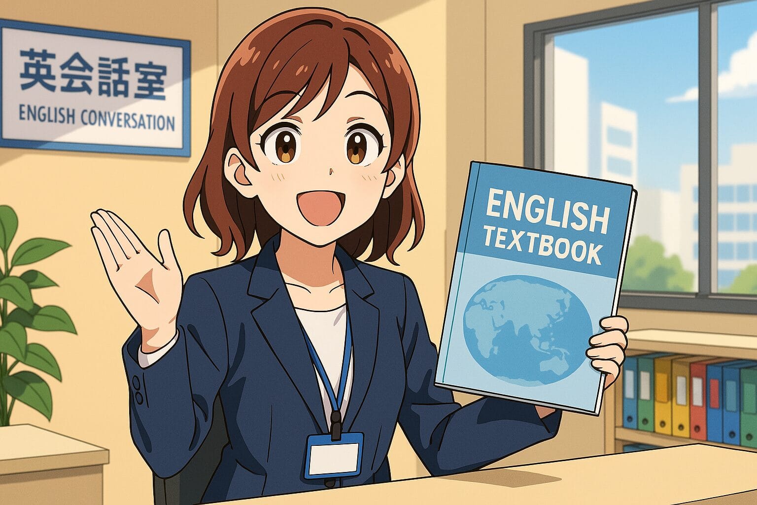 レアジョブの最もおすすめな教材を紹介している女性スタッフ