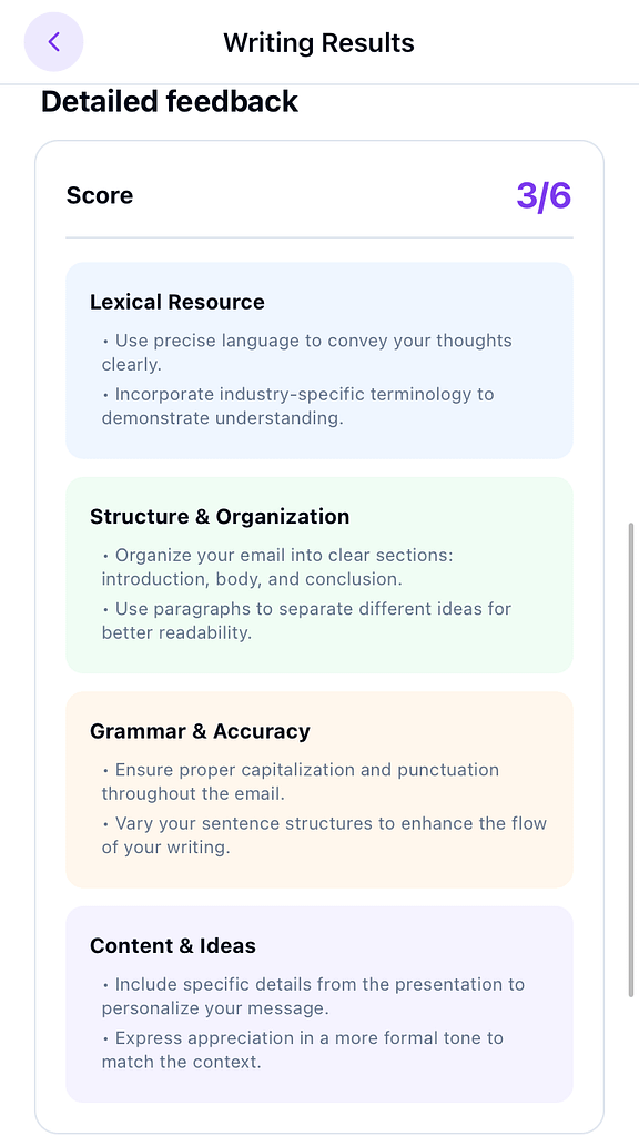 LinguaTOEFLのWrite an Emailのフィードバック