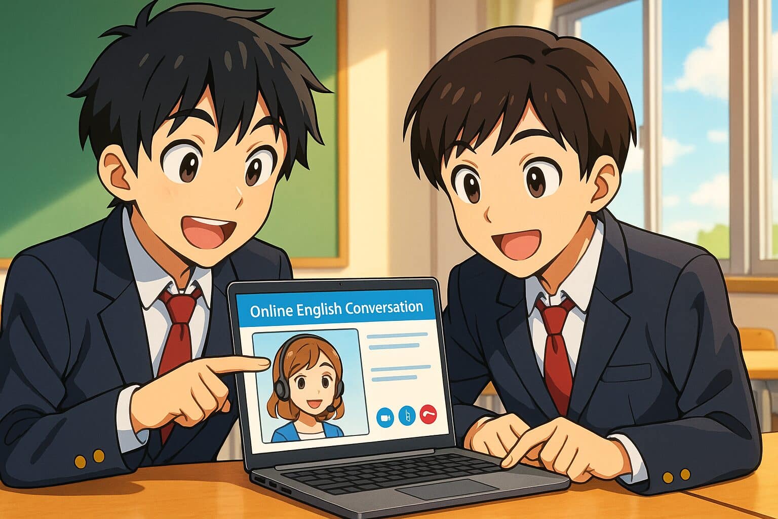 おすすめなネイティブキャンプの使い方を友人に教えている男子高校生