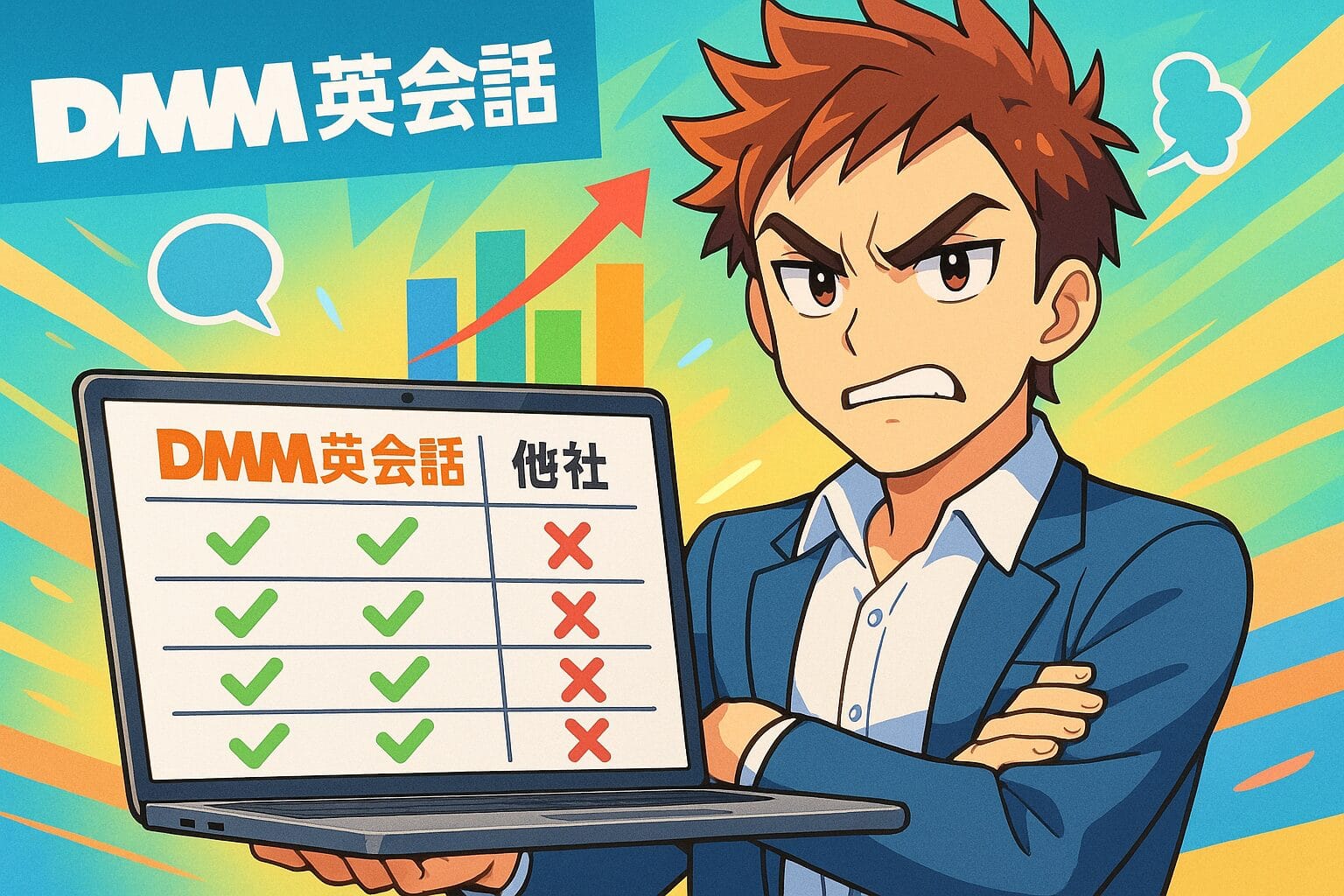 DMM英会話と他社を比較している怒りっぽい男性