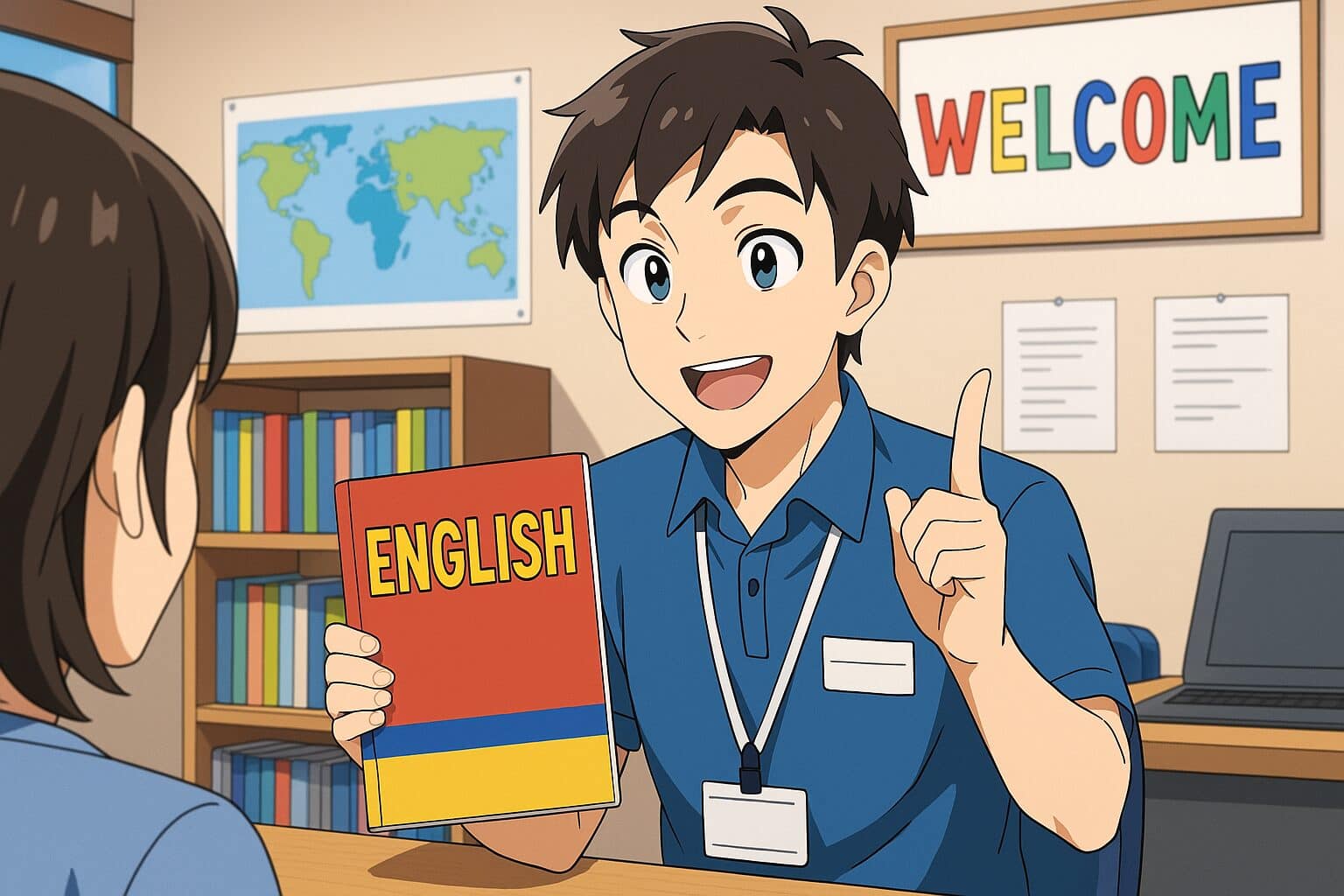 おすすめなレアジョブ教材を紹介している男性スタッフ