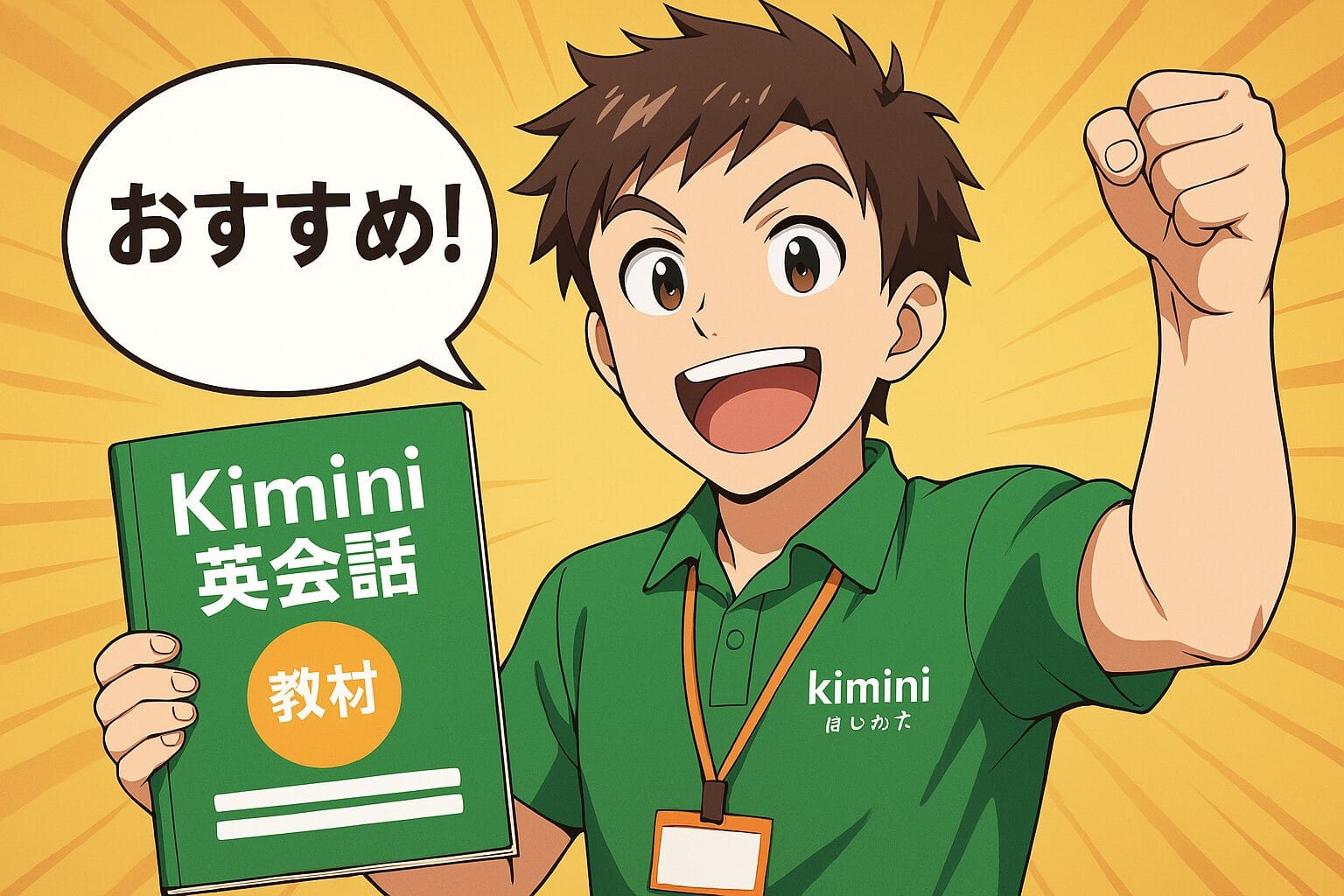 おすすめなKimini英会話の教材を教えているテンションの高い男性スタッフ