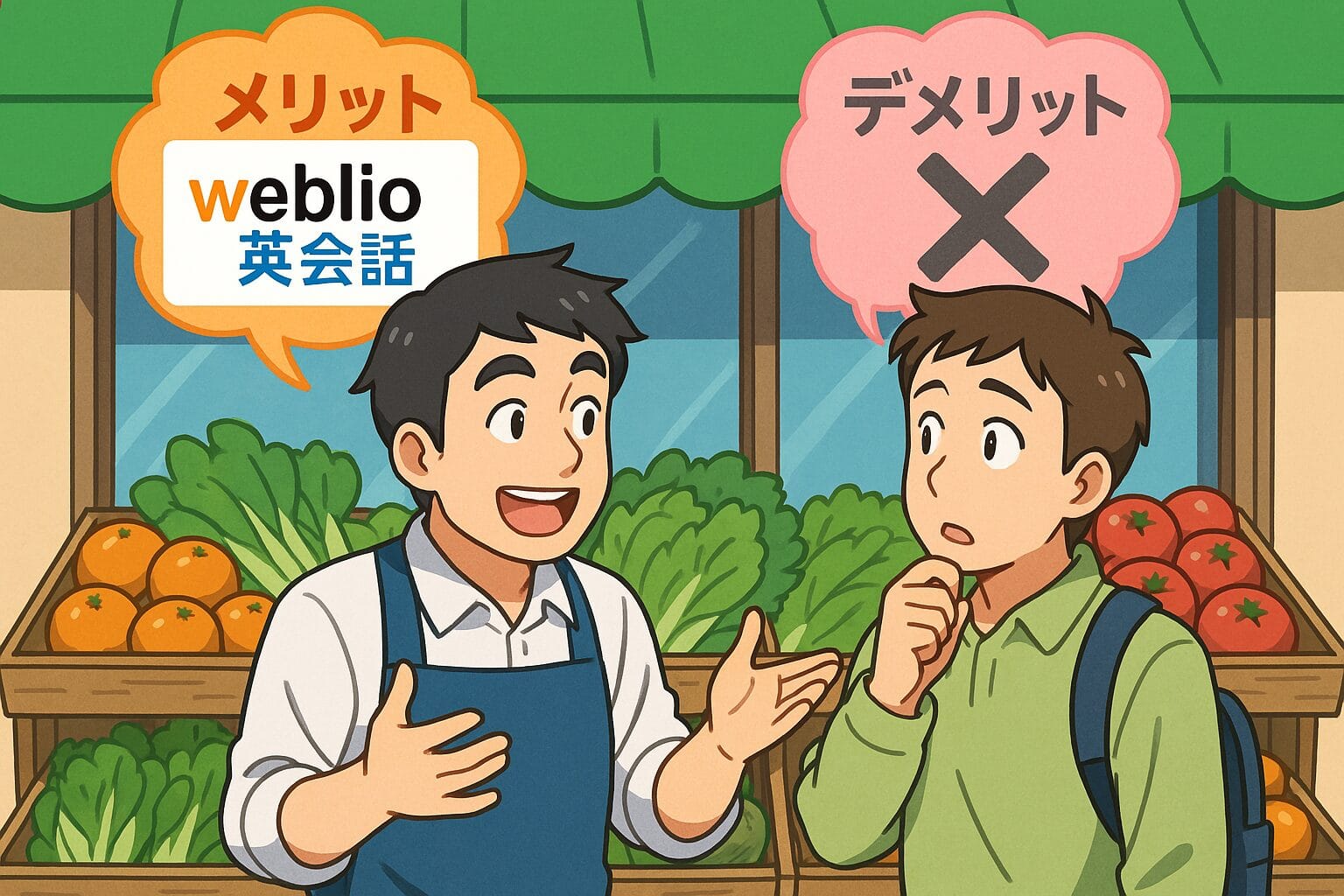 Weblio英会話のメリットとデメリットを友人に話している八百屋さん
