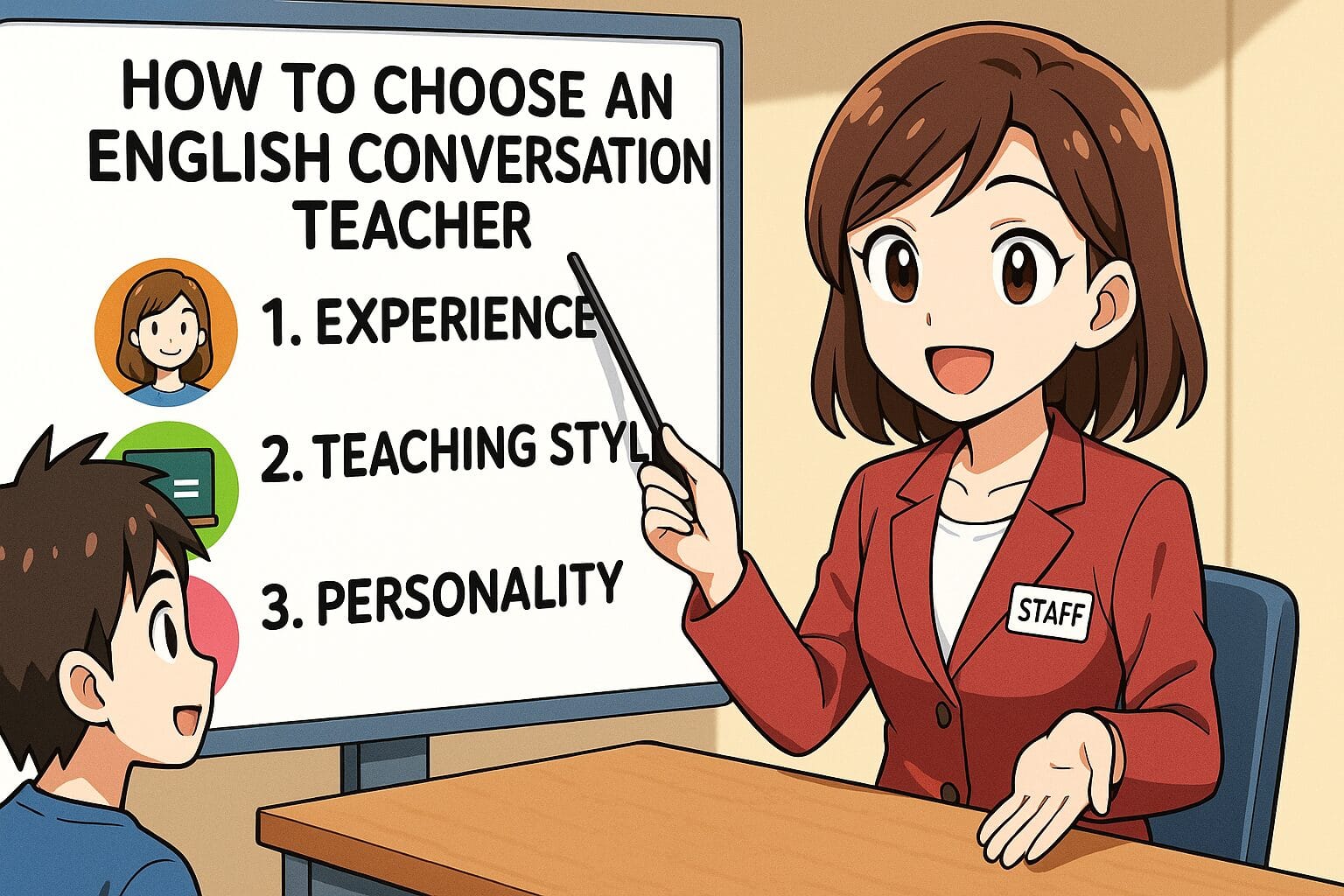 ワールドトーク講師の選び方を教えている女性スタッフ