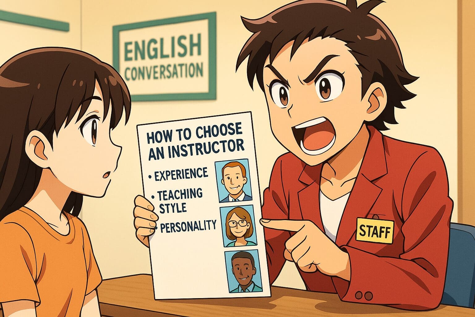 ワールドトーク講師の選び方を教えている女性スタッフ