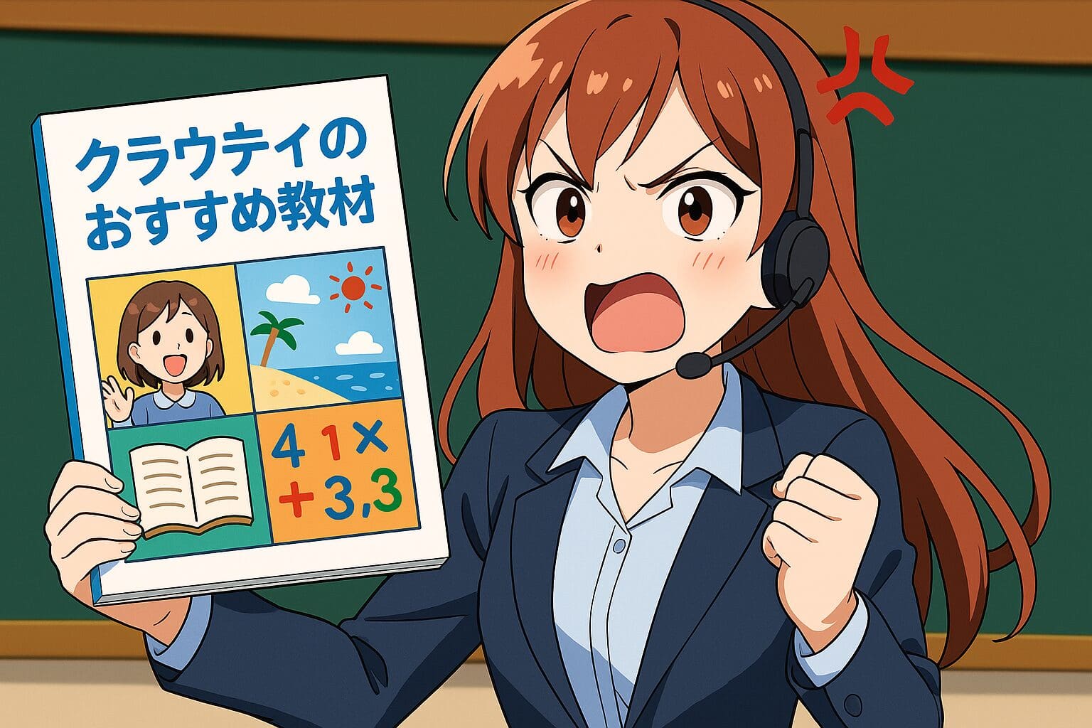 クラウティのおすすめ教材を紹介する怒りやすい女子講師