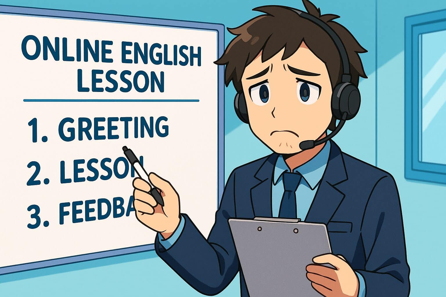 Camblyの進め方について生徒に教えている悲しげな男性講師