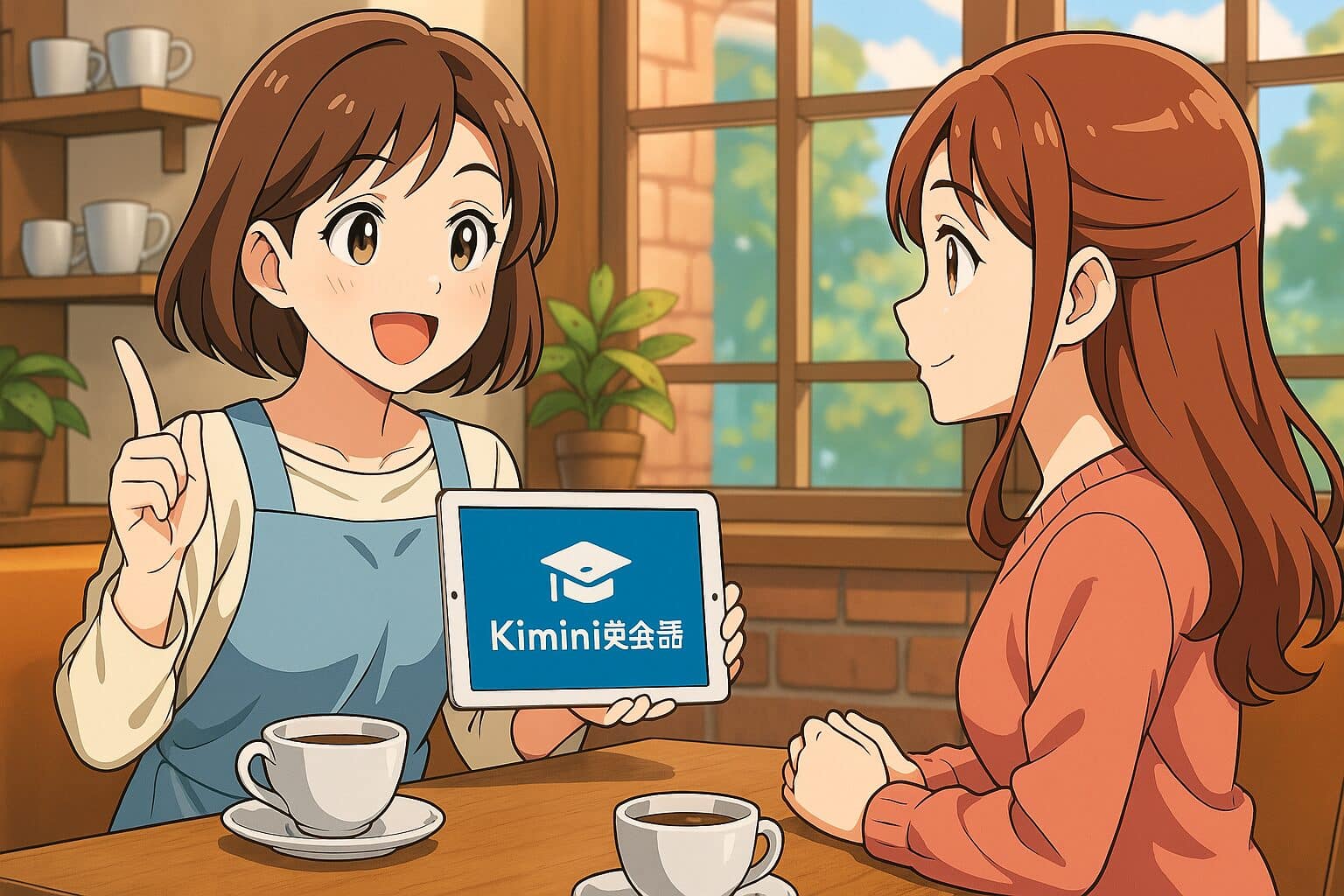 喫茶店で友人にKimini英会話をおすすめしている主婦