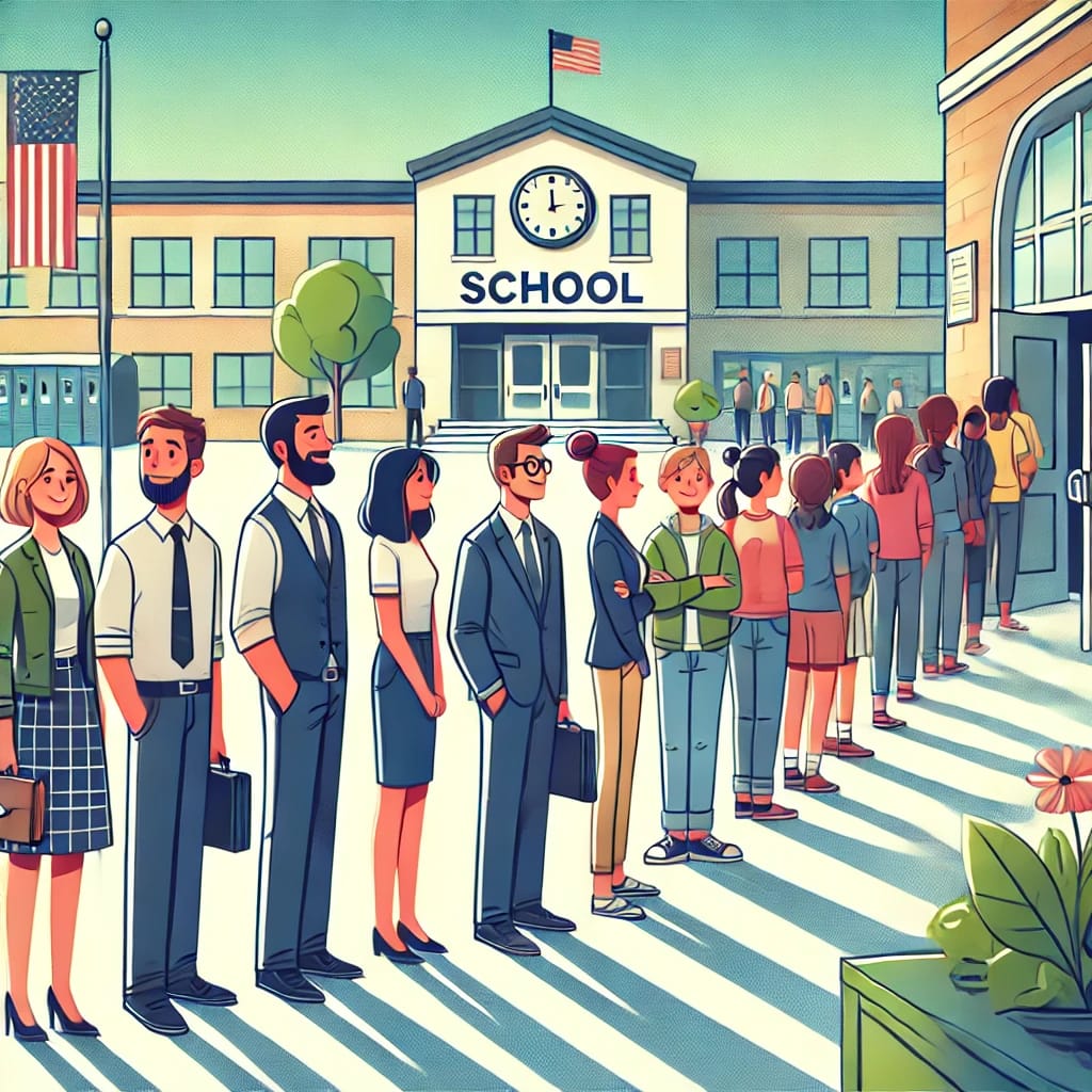 学校で先生が並んでいるシーン