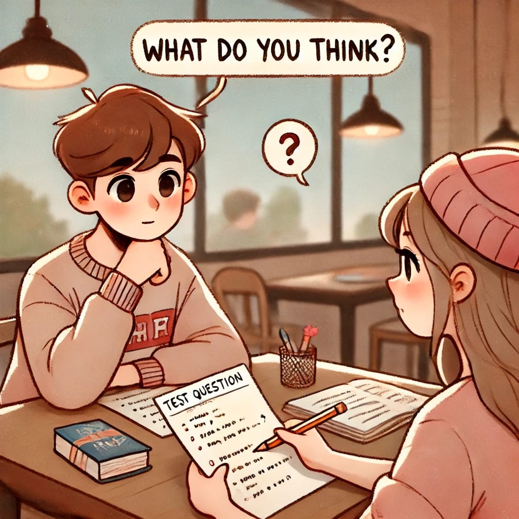 友達にテストの問題についてwhat do you think?と聞いているシーン